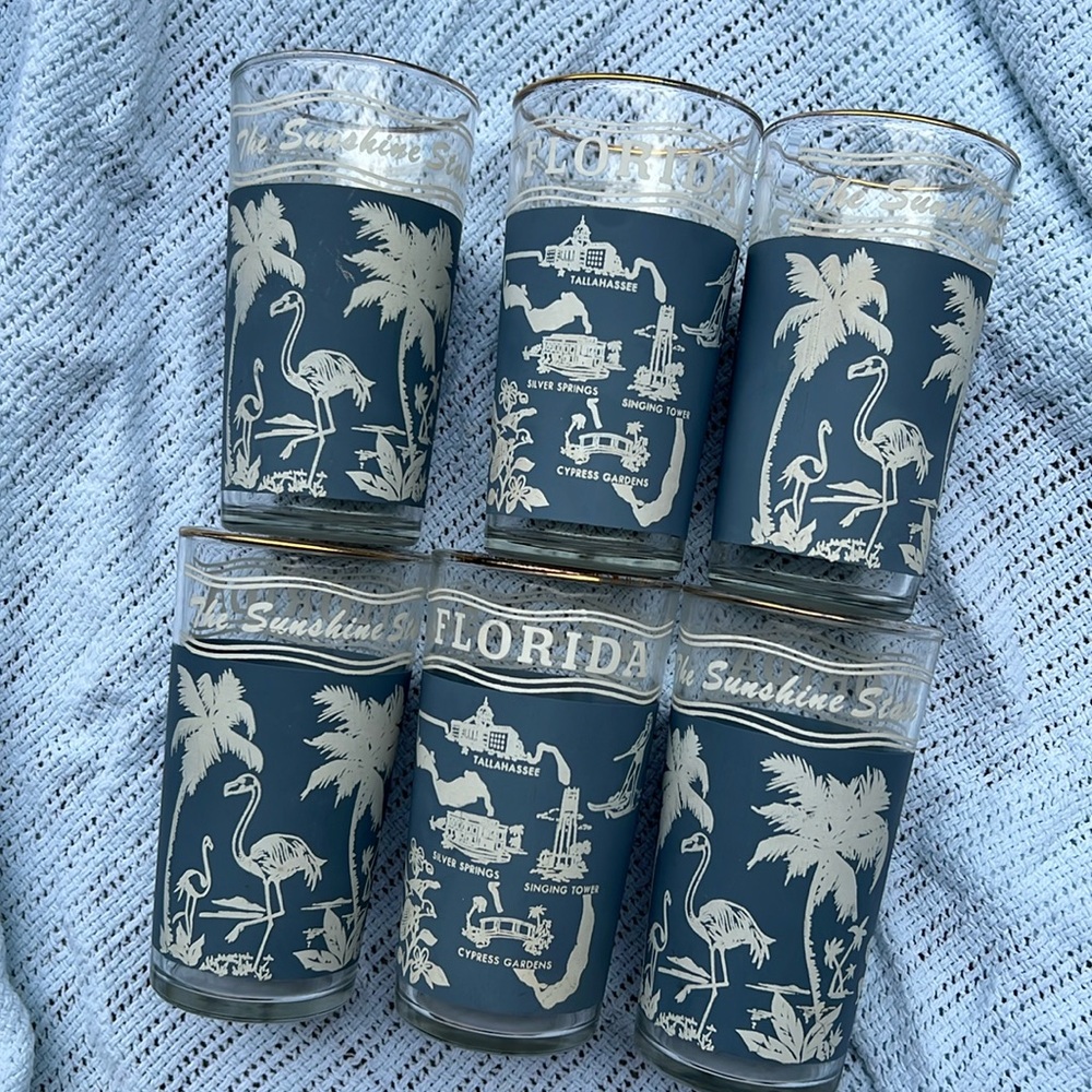 Vintage Florida Souvenir Drink Glass Blue White Flamingo